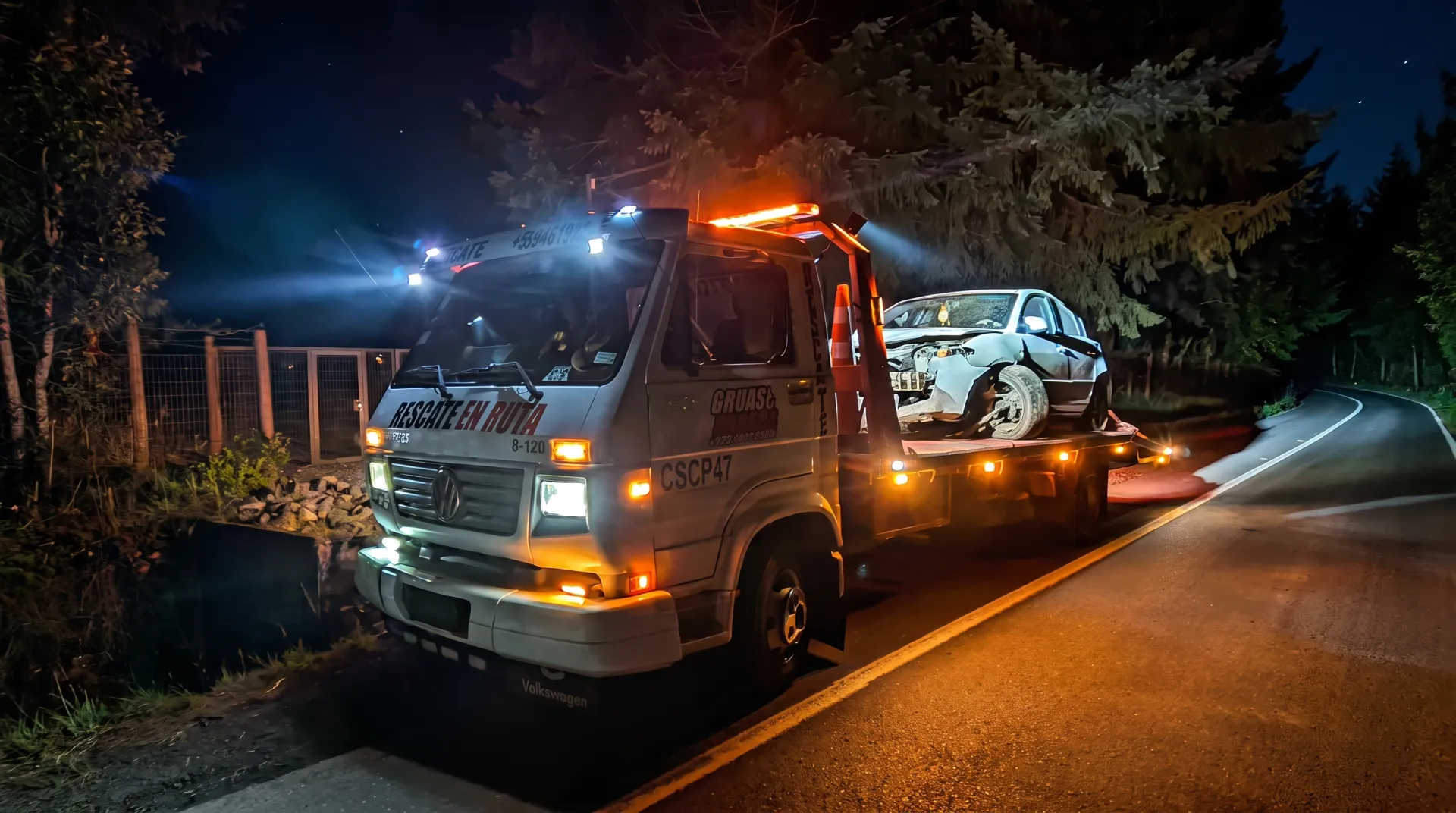 Grúa con un auto accidentado sobre la plataforma, de noche, en un camino a las afueras de Villarrica.